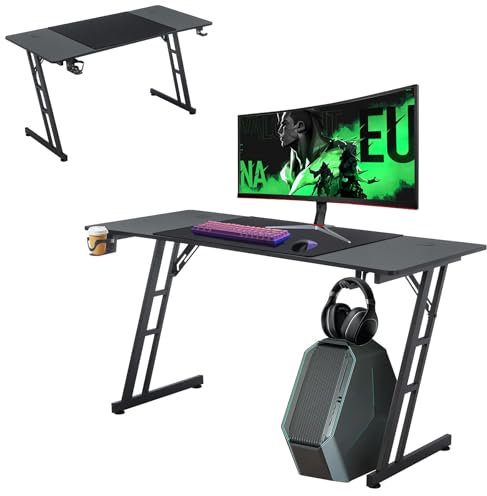 Froadp Gaming Schreibtisch 160x60cm Z-förmiger PC Gaming Tisch Schwarz Kohlefaseroberfläche Ergonomischer Computertisch mit Getränkehalter und Kopfhörer Haken 150 kg Belastbarkeit