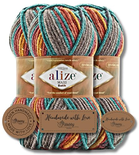 Hobby YARN 3x Etikettenlabel mit Alize Superlana Maxi Batik Wolle Premium 1x100g als Set, Yarn, Garn, Strickgarn mit Farbverlauf, Baby, zum Häkeln, Stricken, Kleidung, Schals (7830)