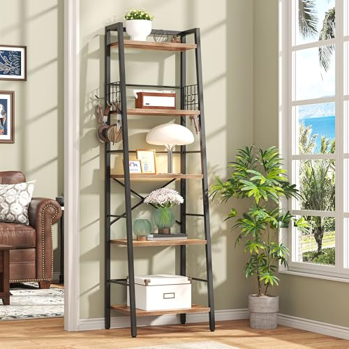 Chartyou 5 Tier Ladder Shelf, Rustic Brown Industrial Bookshelf - Standing Bookcase Storage Unit Shelving for Living Room, Bedroom, Kitchen, 43x30x140cm