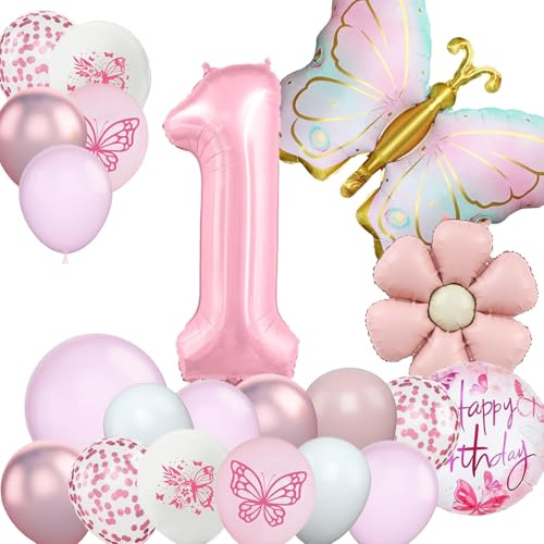DazzJoy Schmetterling Luftballon Deko 1. Geburtstag Mädchen, Folienballon 1 Jahr Geburtstag Mädchen, Luftballons Zahlen 1 Rosa, Geburtstagsdeko 1 Jahr Mädchen mit Schmetterlinge Folienballon