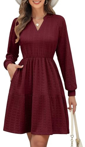 PASUDA Women's Long Sleeve Knit Dress V-Neck Elastic Waist Midi Dresses A Line Flowy Chiffon Babydoll Tunic Jumper Dresses Knee Length Spring Autumn Dresses Casual Party Holiday (Burgundy, L)