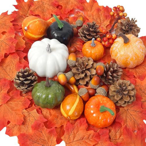 YumSur 160-teiliges Herbstdeko-Set – Künstliche Kürbisse, Tannenzapfen, Eicheln & Ahornblätter – Deko für Thanksgiving, Herbstdeko & Kürbis-Deko Für Deko Halloween Thanksgiving Party