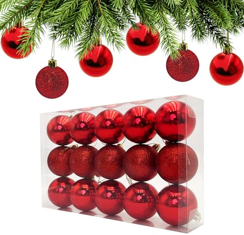 AiTodos® 15 Bolas de Navidad Juego, Bolas Rojas Navidad 6 cm, Decoración Navideña de Plástico, Utilizadas para Fiestas, Bodas, Cumpleaños, Aptas para Interiores y Exteriores(Rojo)