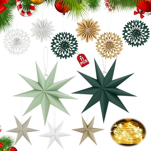 YnewL 5 Stück Papiersterne Zum Aufhängen und 6 Stück Fächer Dekorationen | Papier Deko Weihnachten Geeignet - Dekorationen, Hochzeiten, Geburtstagsfeiern und Tischdekorationen