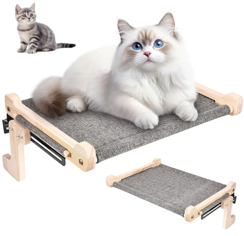 Katzen Fensterliege 45x36cm, Stabil Groß Fensterbrett für Katze 40 kg, Holz Katzenbett Fenster mit Abriebfestes Leinengewebe, Katzenliege fensterbank dient zum Sonnenbaden und Schlafen