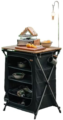 LCHJX Faltkampffalmer im Freien mit DREI Lagerregalen, 600D -Polyester -Stoff -Bambus -Top -Camping -Tisch mit Tragetasche und Seitenhaken für BBQ Camping Picknick -Garten, zum Camping, zum Picknick