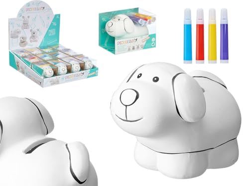 Sparschwein aus Keramik zum Bemalen, Weiß, mit 4 farbigen Markern, Bastelset für Kinder zum Dekorieren, Tierdesign (Hund)