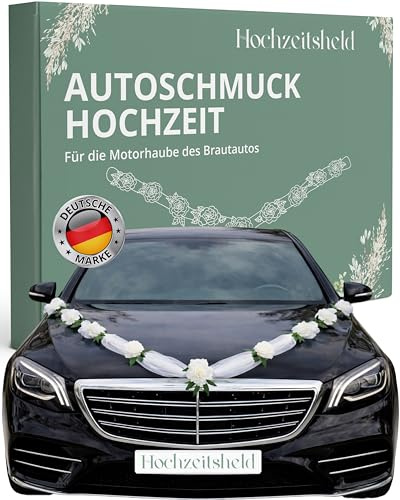 HOCHZEITSHELD Autoschmuck Hochzeit Motorhaube als Auto Deko fürs Brautauto | Hochzeitsdeko & Hochzeitsschmuck fürs Hochzeitsauto: 370 cm Girlande mit 9 Rosen, Tüllband, wetterfest dank starker Saugnäpfe