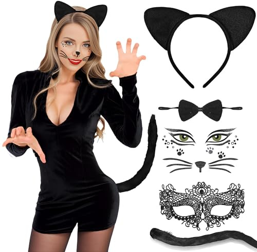 iLuane Katzenohren Haarreif Katzenkostüm Damen Katze KostüM Cat Ears | Damen, Frauen, Mädchen. Karneval Bereit! Charmantes Katzenkostüm-Set: Zeigen Sie Ihre Glanzvolle Katzenattraktivität!