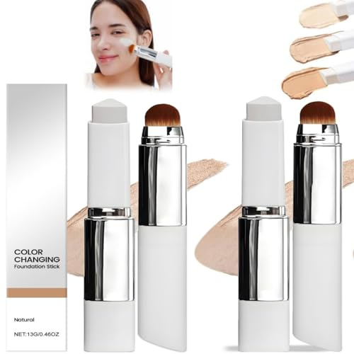 Fond De Teint CoréEn Stick Changeant De Couleur, Fond De Teint Blanc Qui S'Adapte à Ta Peau, Fond De Teint 2 En 1 Avec Pinceau IntéGré Pour Une Couvrance ComplèTe à Moyenne (Naturel)