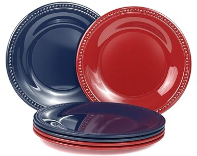BEESEN Melamine Plastic Dinner Plates Set of 6, 8.5 Inch Beaded Plates, BPA Free, Patriotic Red & Blue Tableware for BBQ, Picnic, Weddings, Outdoor Dining, Dishwasher Safe, Durable Shatterproof