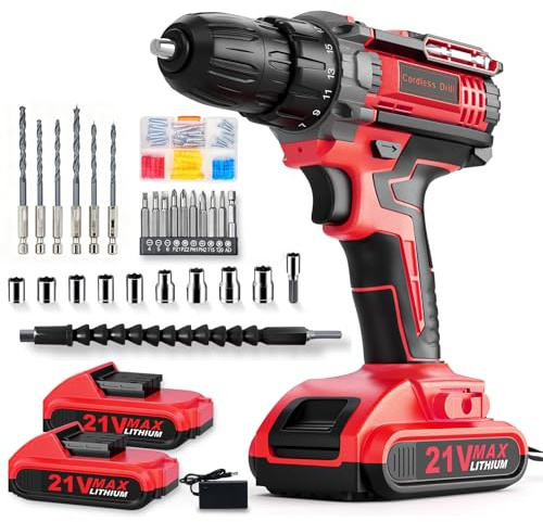 Cordless Drill Set, PowerDrill Driver and Screwdriver Set with 2 Batteries, 10mm Keyless Chuck, 42Nm Max, 25+1 ElectricDrill, Power Combi BatteryDrill Set with 90 Accessories for Home DIY