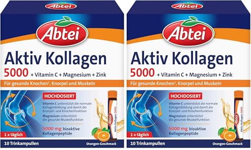 Abtei Aktiv Kollagen 5000 - Für gesunde Knochen, Knorpel und Muskeln - mit Vitamin C, Magnesium und Zink – laborgeprüft und zuckerfrei - 1 x 10 Trinkampullen à 25 ml (Packung mit 2)
