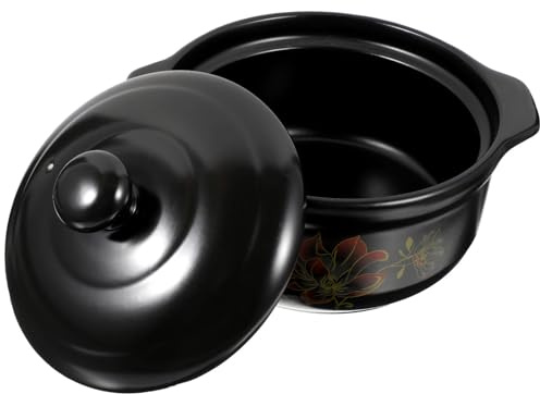 COOLHIYA Pentola in Terracotta Nera per Cucina a Gas, Casseruola per Stufato di Pollo, Resistente al Calore, Conservazione del Calore ed Equilibrata Distribuzione Termica, per 2-3 Persone