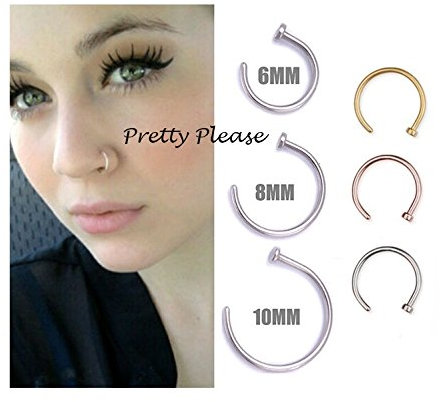 Other 925 Sterling Silver Open Nose Ring Hoop 0.6mm Piercing (8mm, Gold)