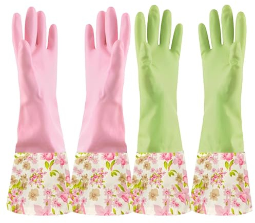 KINGFINGER Rubber Waterproof Dishwashing Gloves for Kitchen, Latex-Free Precision Flocking Household Cleaning Gloves (2 Pair, Large)