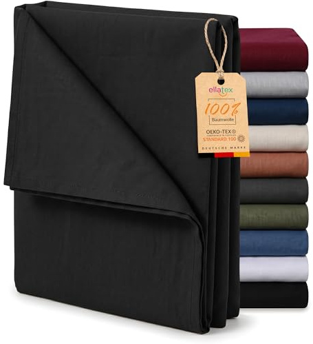 EllaTex Renforcé Bettlaken ohne Gummizug 140x200 – 100% Baumwolle, weiches Leintuch & atmungsaktives Haustuch, Farbe: Schwarz