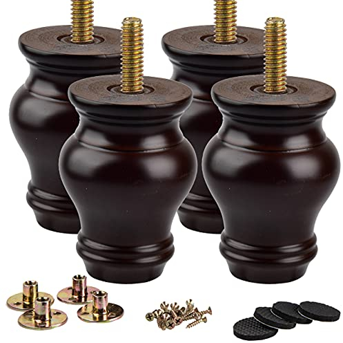 La Vane 10cm Holz Tischbeine, 4 Stück Walnuss Spindel Massivholz Ersatz Möbelfüße Kugelfüße mit vorgebohrten M8 5/16 Bolzen & Montageplatten & Schrauben für Sofa Bett Schrank Ottomane Bett
