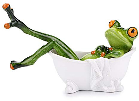 JUXYES Creative Craft Resin Frog Figurine Decor, Lying in The Bathtub Frog Sculpture Statue, Personalized Animal Collectible Mascot Resin Crafts for Shelves Table Desk Decor