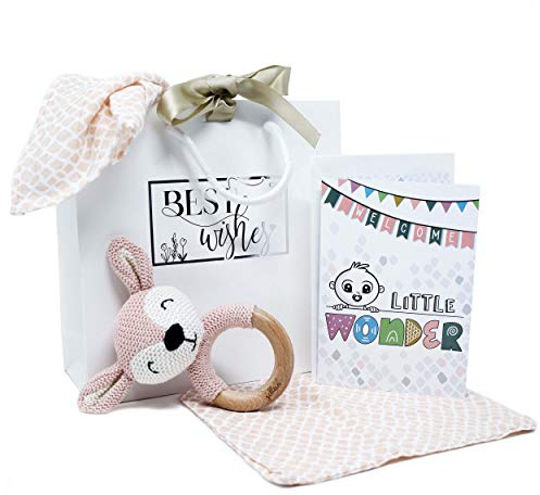 Geschenkset Baby zur Geburt - Set mit Karte Tasche Beißring Rassel Spucktuch Waschlappen 100% Baumwolle | Hochwertige Jollein Produkte enthalten | Glückwunschkarte & Geschenktasche (Rosa Beißring)