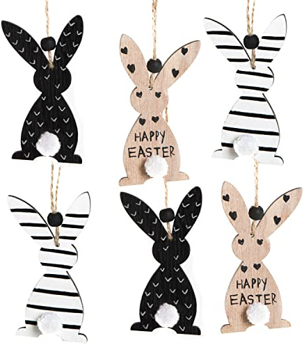 Logbuch-Verlag Osterdeko Set 6 Osterhasen aus Holz Happy Easter schwarz weiß Natur - Osterschmuck hängend für den Osterstrauch
