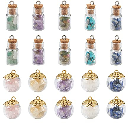 Spritewelry 40Pcs 2 Styles Tiny Glass Vials Cork Message Bottles Charms Jars with Gemstone Chip Beads Pendants for Necklace Earrings Bracelet Jewelry Making DIY Crafts