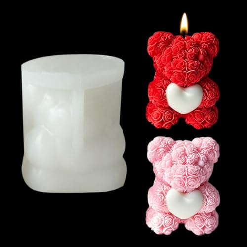 Zayookey Rosenbär Kerzen Silikonform 3D Kerzenformen Epoxidharz Formen Kerzen Gießen Formen Candle Silicone Mold Seife Silikonform für DIY Kerzenherstellung Seife Polymer Ton Handwerk (Weiß)