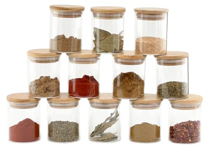 Glass Spice Jar 200 ML - Bamboo Lid which an Air tight seal. Kitchen Storage for spices such as Salt, Pepper and more. Storage Jars with wooden lid for spice storage FBA FREE (Set of 6)