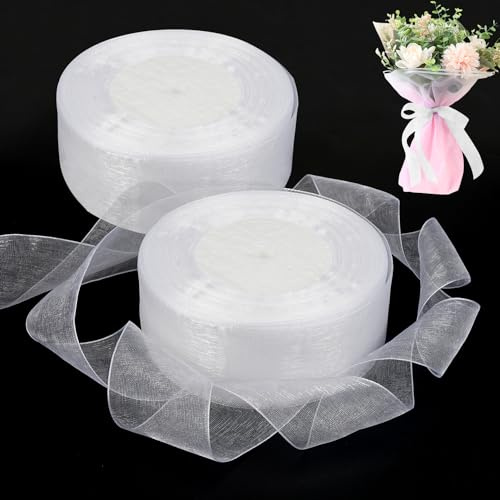 2 Rollos Cinta De Organza, 4cm* 45m Cinta Organza, Purpurina Cinta Blanca Tela, Transparente Cinta Para Lazos Regalos para Bodas, Navidad, Acción de Gracias, Envolver Regalos