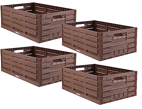 Bestlivings Lot de 4 boîtes pliables robustes - Design en bois - 60x40x21,8 cm - Panier à provisions empilable - 45 l