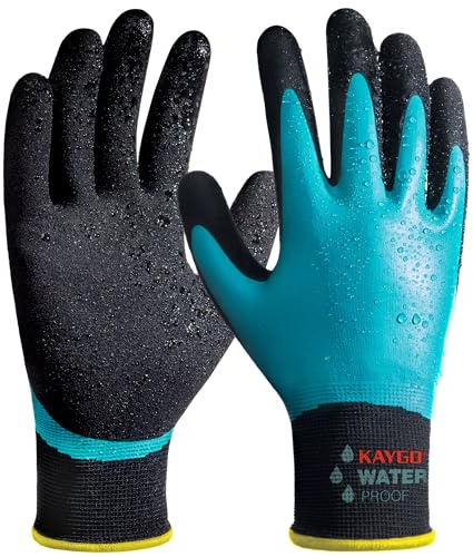 KAYGO Wasserdichte Arbeitshandschuhe für Herren und Damen, KG150L | Doppel Latex Beschichtung, Rutschfester Gut Grip für Garten Auto Waschen Fisch Reinigung (Blau, L, Gr 9)