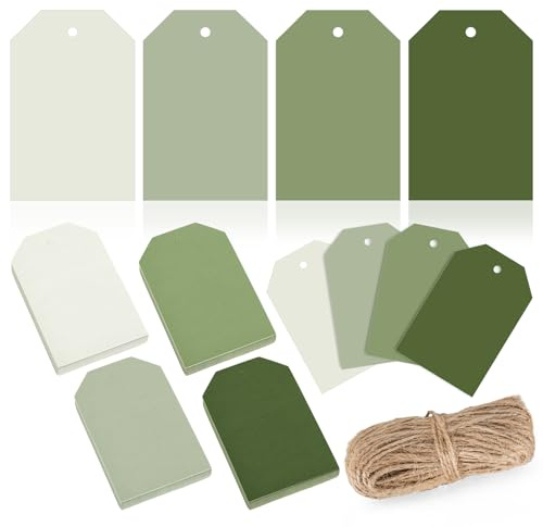 Whaline 120Pcs Sage Green Paper Gift Tags Gradient Green Hanging Labels with Hemp Ropes 4 Colors Blank Paper Tags for Wedding Birthday Holiday DIY Art Craft Supplies, 3 x 2 Inch, WH11138