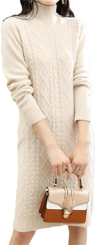 100% Pure Merino Wool Knitted Midi Dress for Women Thick Twisted Long Jumper Solid Knit Skirts Beige M