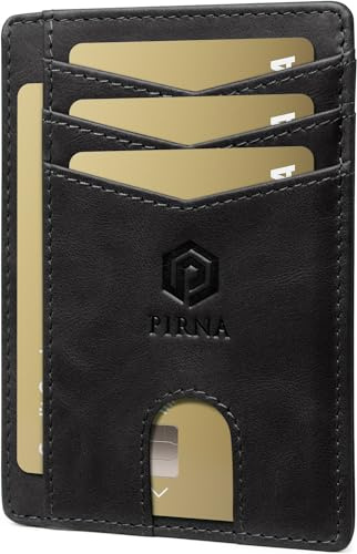 PIRNA Porte-Cartes de Crédit pour Homme en Cuir Ciré | Portefeuille Slim Fin | Protection RFID | Élégant et Minimaliste Noir