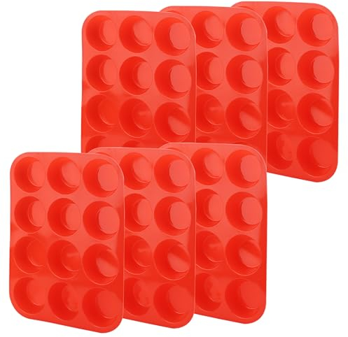 ZEONHAK 6 Pack 12 Cups Silicone Muffin Baking Trays, Red Non Stick Silicone Cupcake Pans Tins for Baking, Pudding, Cup Size 1.2 x 2.5 inch