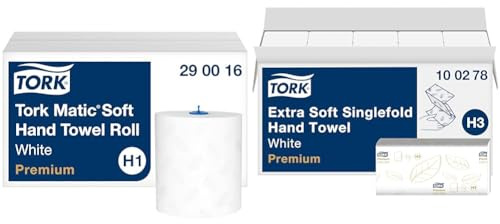 Tork Matic weiches Rollenhandtuch Premium 290016 - H1 Premium Handtuchrollen & extra weiche Zickzack Papierhandtücher Premium 100278 - H3 Falthandtücher für Zickzack Papierhandtuchspender