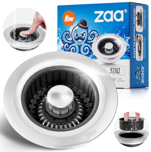 zaa 3 in 1 Kitchen Sink Drain Strainer Stopper Removable Basket Pop-Up | Kitchen Sink Accessories 1 Pack Black Stainless - Food Catcher, Odor-Blocking Seal, Fits 3.5 Drain, Easy Clean