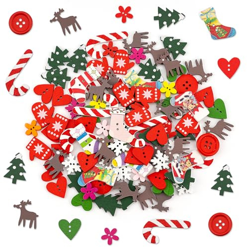 100 Stück Weihnachtsknöpfe aus Holz, Nähknöpfe Flatback-Knöpfe Gemischte Größen und Stile, Schneeflocken Herzen Weihnachtsbäumen, für Weihnachtssocken Scrapbooking-Knöpfe DIY-Weihnachtsdekoration