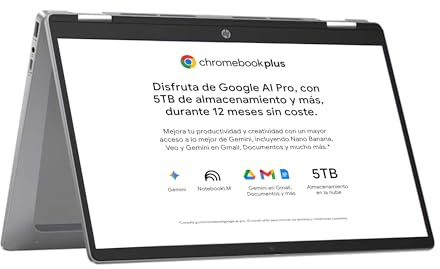 HP Chromebook Plus x360 - Ordenador portátil de Google 14 FHD (i3-N305, 8GB RAM, 256GB, ChromeOS) + Suscripción Google AI Pro con Gemini Pro y 5TB de Almacenamiento Durante 1 año - QWERTY Español