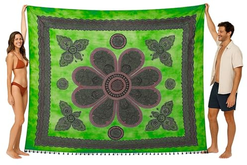 o-day Toalla de playa de matrimonio de algodón étnico – Toalla de playa grande 240 x 220 cm – Manta de playa XXL artesanal multifunción (flores en vuelo, verde salvia)