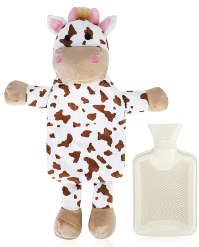 Wärmflasche mit Bezug 750ml,Wärmflaschen Tier Kinder,Süße Wärmflasche Kinder Kuh,Wärmeflasche Kuscheltier,Plüsch Wärmeflasche mit Kuschelig Weichem Bezug,für Bauch Hand Fuß Körper Warmhalten