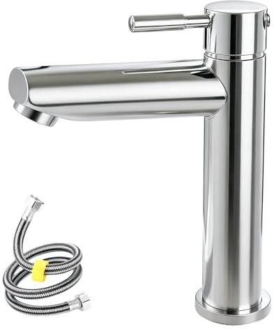 Kaltwasserhahn Edelstahl Kaltwasserarmatur mit 80cm Anschlussschlauch, Kaltwasserhahn Gäste WC, Wasserhahn Kaltwasser, Waschtischarmatur Wasserhahn Bad Einhebelarmatur für Badezimmer Gäste WC
