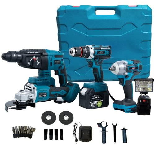 A.M.C. Kit professionnel à faire soi-même 5 en 1 avec perceuse-visseuse à batterie, perceuse à percussion à batterie, meuleuse d'angle, perceuse à marteau et à impulsion dévissage boulons, lumière LED