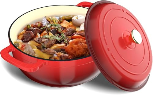 LEADZM Cocotte Fonte Induction 28cm 5,7L, Casserole Induction, Faitout pour Braiser Ragoûts Rôtir Pain (Rouge)