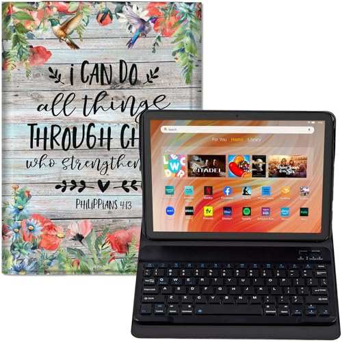 GYSYZJDH for Amazon Fire HD 10 Tablet Case with Keyboard (13th/11th Gen, 2023/2021, 10.1 Inch) – PU Leather Stand Cover, Detachable Bluetooth Keyboard, Protective Philippians 4:13 Design