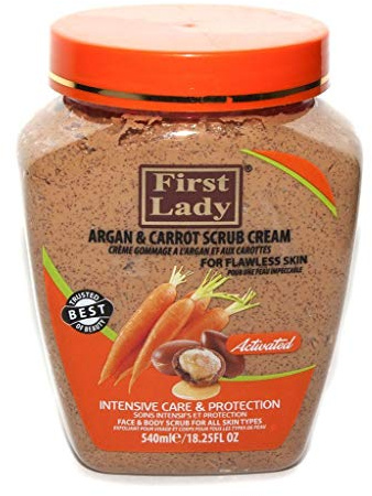 First Lady Aktivierte Argan- und Karotten-Peeling-Creme, 540 ml, für makellose Haut, Gesicht & Körper + Kräuter-Haaröl für erste Frau, 30 ml