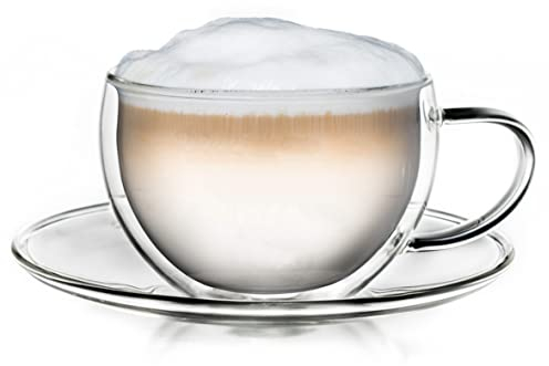 Creano 1 Tazza Termica Doppia Parete 250ml con Manico e Piattino - Bicchiere Vetro Borosilicato – Coppa Termica Latte Macchiato Tè Ideale Regalo - 1x 250ml
