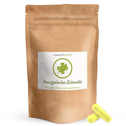 Anorganischer Schwefel Kapseln - 300 Stück à 1000mg - Pharmaqualität (99,9% Ph. Eur.) - Schwefelkapseln, Sulfurkapseln - frei von Nanopartikeln - säurearm - Deutsche Herstellung