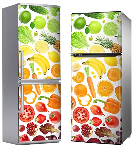 MEGADECOR DECORATE YOUR HOME Vinilo Adhesivo Decorativo para Nevera, Especial Libre De Burbujas, Variedad De Frutas Y Verduras (185cm x 60cm)