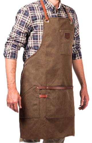 Alaskan MAKER Premium Cotton Coated Real Leather Work Apron No.547 - Ultra Comfortable Cross Braces - Unisex & Universal Size, tobacco, One size